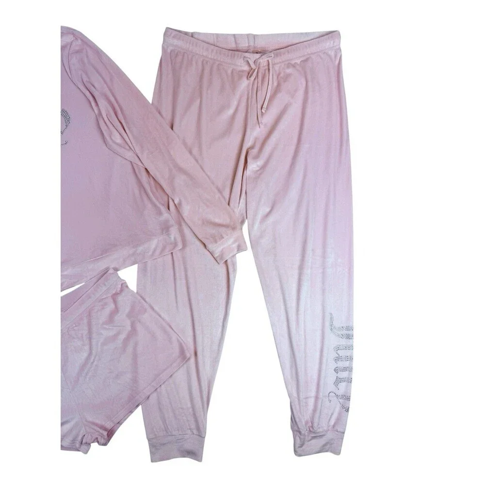 Juicy Couture Pink Velour 3 Piece Pajama Lounge Set Rhinestone Logo L